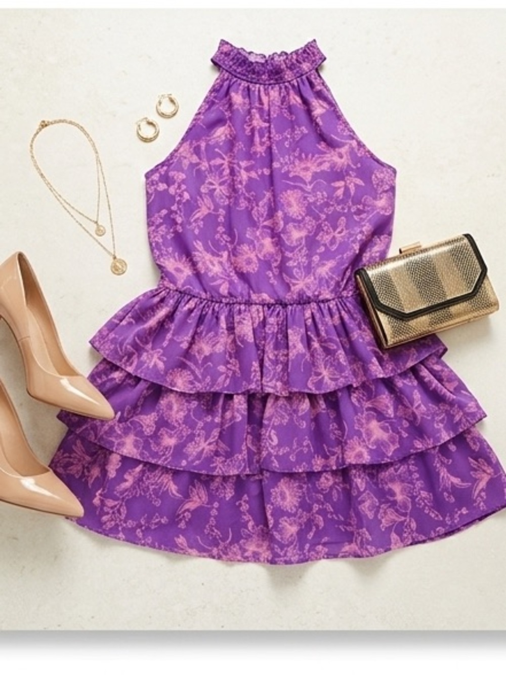 Vestique Purple Floral Halter Mini Dress Ruffle Tiered Chiffon Romantic Boho M